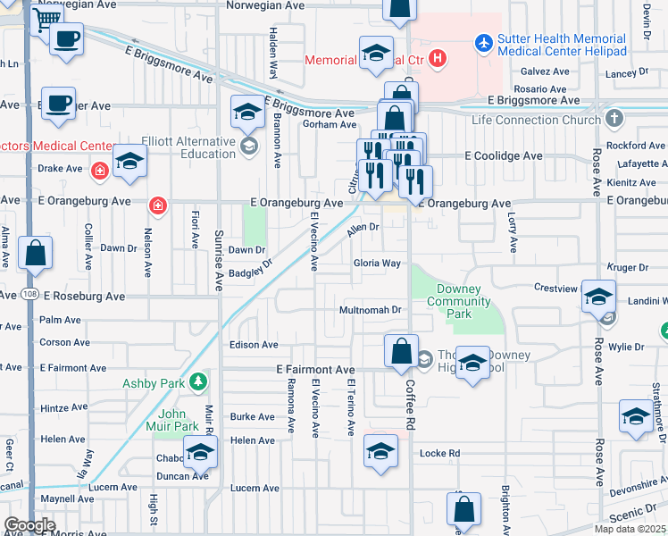 map of restaurants, bars, coffee shops, grocery stores, and more near 1108 Betty Lane in Modesto