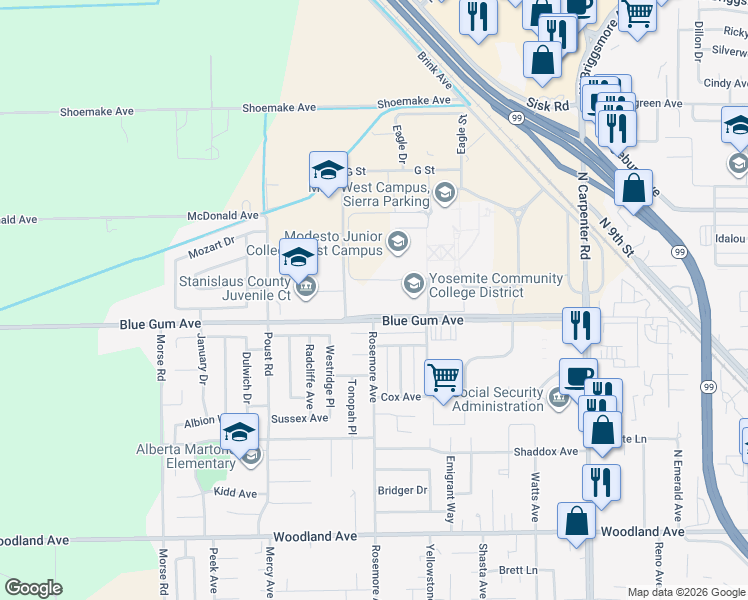 map of restaurants, bars, coffee shops, grocery stores, and more near 2209 Lodgepole Circle in Modesto