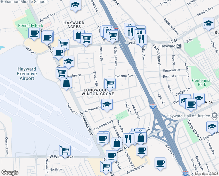 map of restaurants, bars, coffee shops, grocery stores, and more near 726 Marin Avenue in Hayward