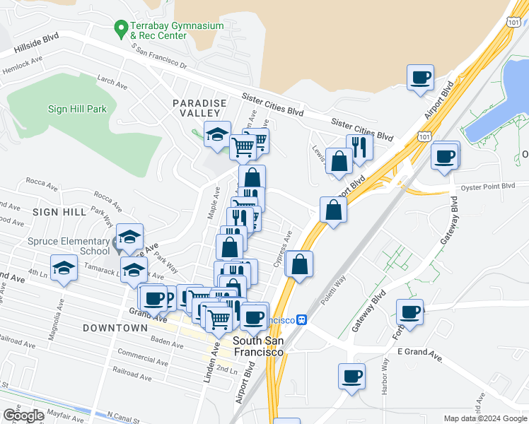 map of restaurants, bars, coffee shops, grocery stores, and more near 234 Juniper Avenue in South San Francisco