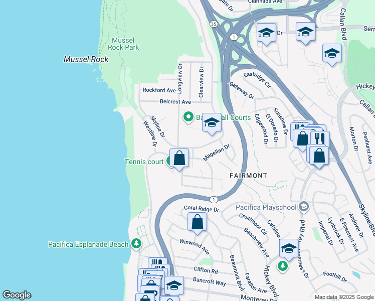 map of restaurants, bars, coffee shops, grocery stores, and more near 110 Crenshaw Court in Pacifica