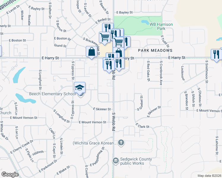 map of restaurants, bars, coffee shops, grocery stores, and more near 1825 South Stacey Street in Wichita