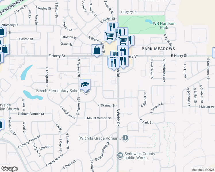 map of restaurants, bars, coffee shops, grocery stores, and more near 1825 South Stacey Street in Wichita