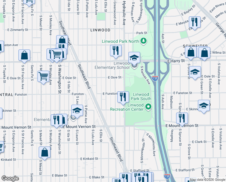 map of restaurants, bars, coffee shops, grocery stores, and more near 1813 Greenwood in Wichita