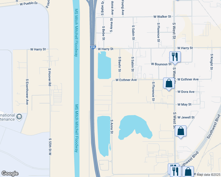 map of restaurants, bars, coffee shops, grocery stores, and more near 1838 South Anna Street in Wichita