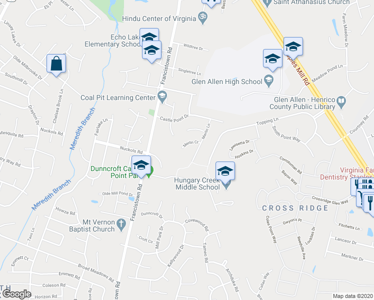 map of restaurants, bars, coffee shops, grocery stores, and more near 9027 Merlin Court in Glen Allen