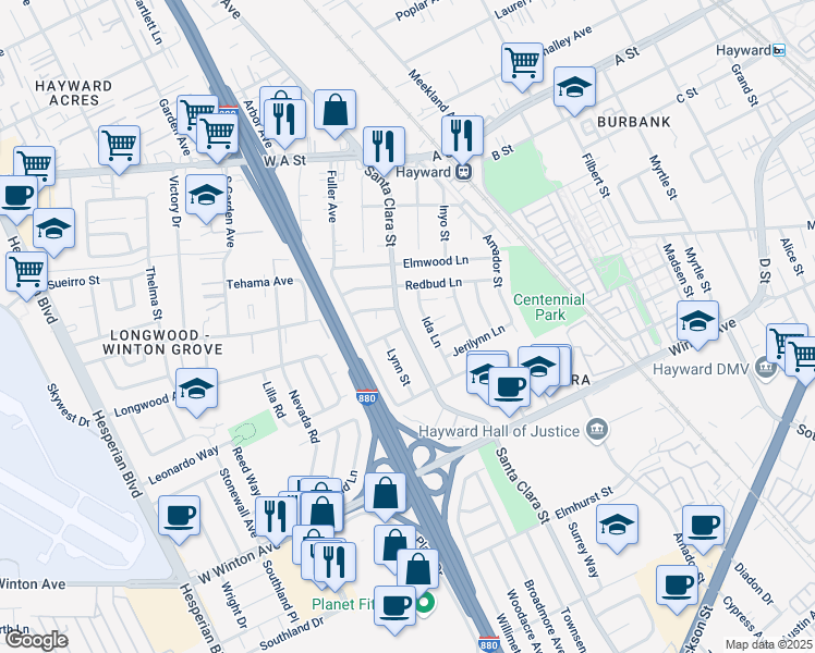 map of restaurants, bars, coffee shops, grocery stores, and more near 23427 Santa Clara Street in Hayward