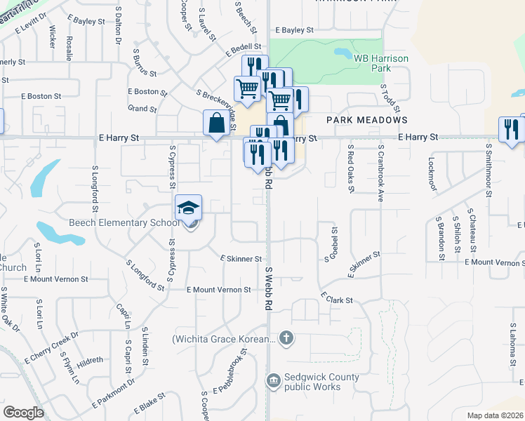 map of restaurants, bars, coffee shops, grocery stores, and more near 1825 South Stacey Street in Wichita