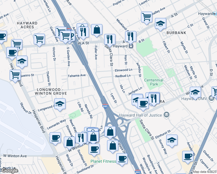 map of restaurants, bars, coffee shops, grocery stores, and more near 454 Wait Street in Hayward