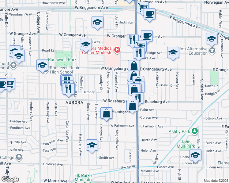 map of restaurants, bars, coffee shops, grocery stores, and more near 1212 Sycamore Avenue in Modesto