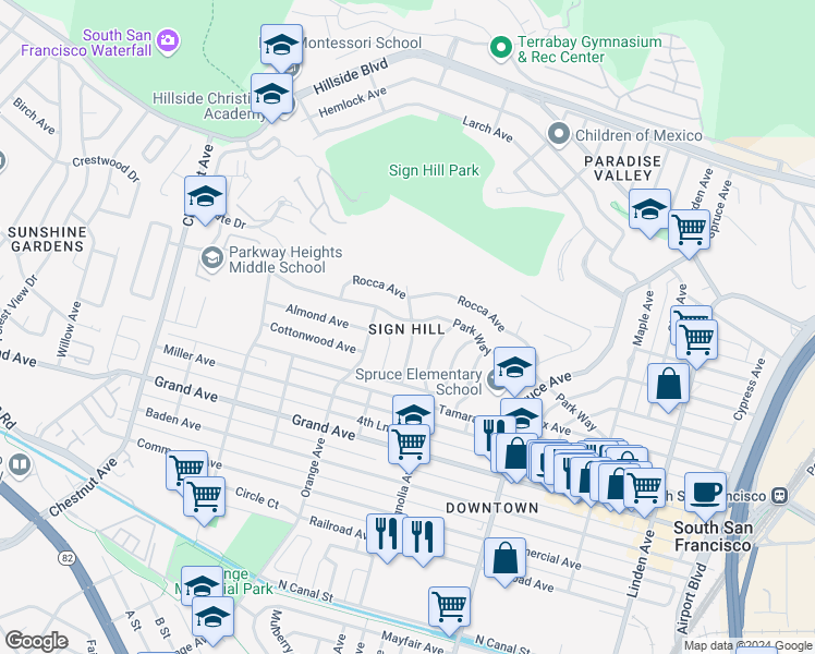 map of restaurants, bars, coffee shops, grocery stores, and more near 561 Poplar Avenue in South San Francisco
