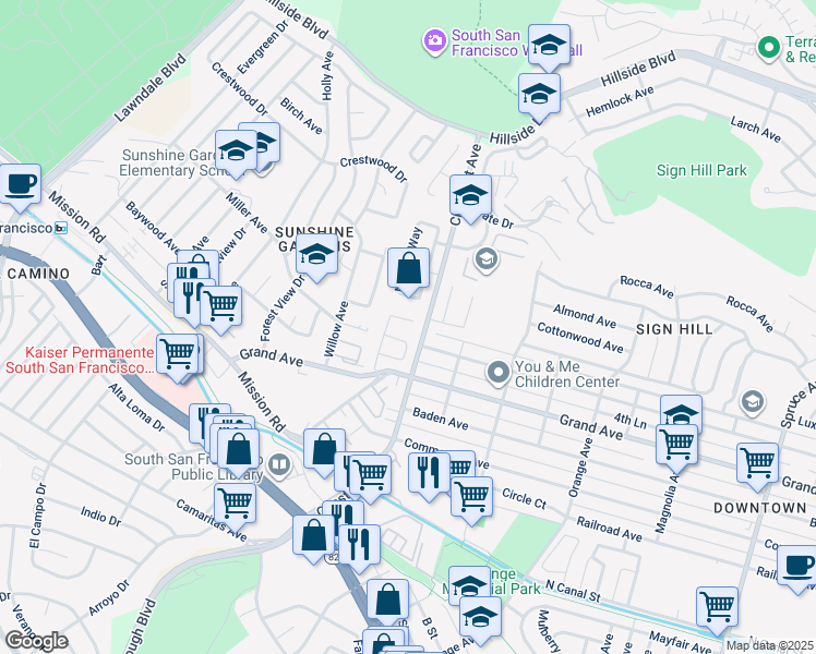 map of restaurants, bars, coffee shops, grocery stores, and more near 124 Summerrain Drive in South San Francisco