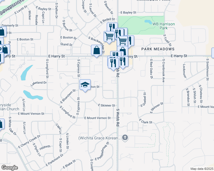 map of restaurants, bars, coffee shops, grocery stores, and more near 1825 South Stacey Street in Wichita