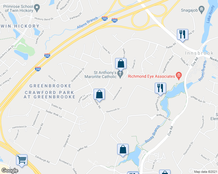 map of restaurants, bars, coffee shops, grocery stores, and more near 4504 Hargrave Court in Glen Allen