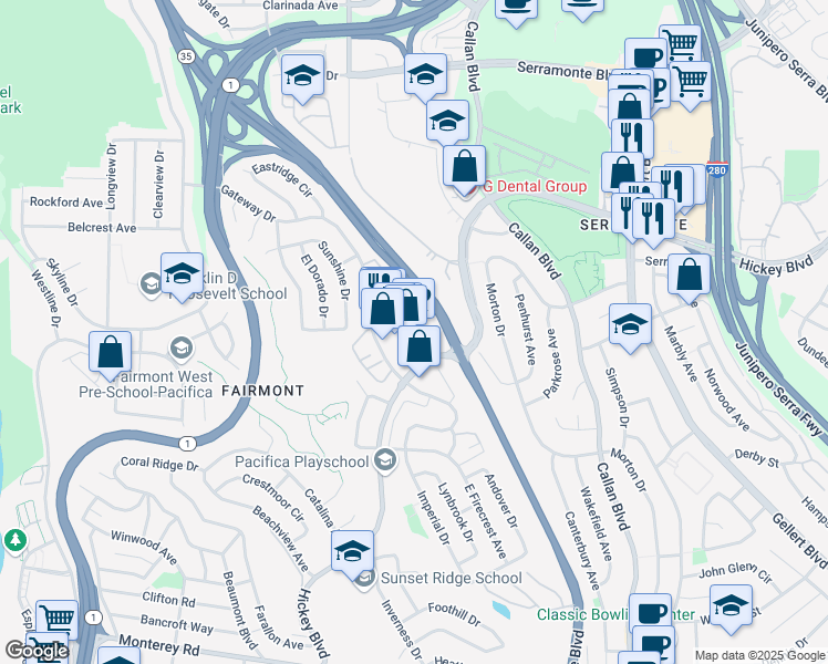 map of restaurants, bars, coffee shops, grocery stores, and more near 709 Gateway Drive in Pacifica