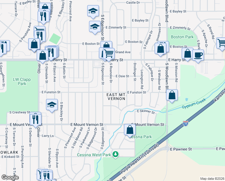 map of restaurants, bars, coffee shops, grocery stores, and more near 1748 Roanoke Street in Wichita