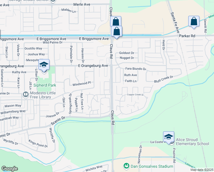 map of restaurants, bars, coffee shops, grocery stores, and more near 1204 Cedar Creek Court in Modesto