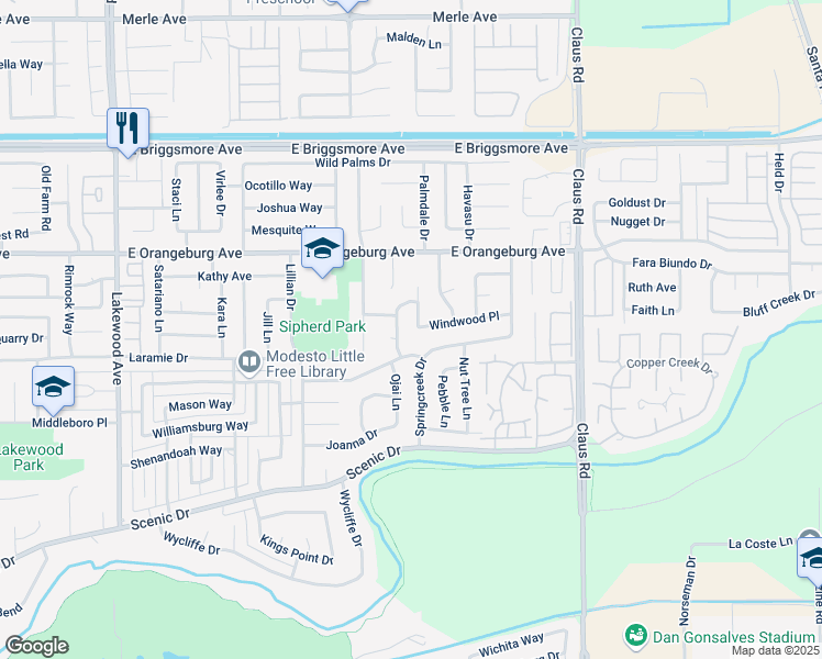 map of restaurants, bars, coffee shops, grocery stores, and more near 1301 Woodlark Way in Modesto