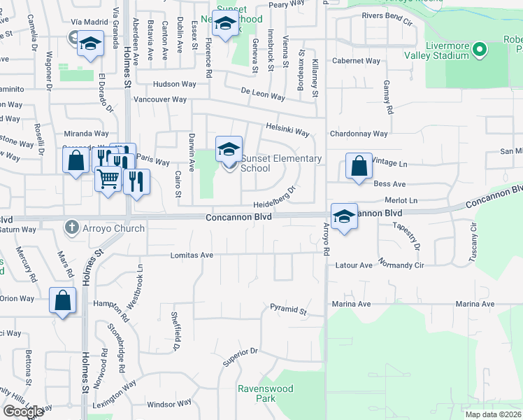 map of restaurants, bars, coffee shops, grocery stores, and more near 1710 Lomitas Avenue in Livermore