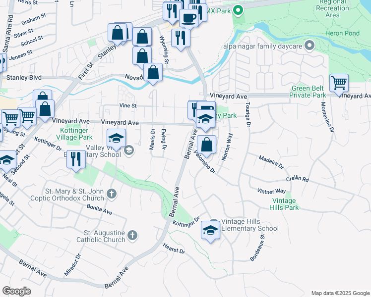 map of restaurants, bars, coffee shops, grocery stores, and more near 717 Concord Street in Pleasanton