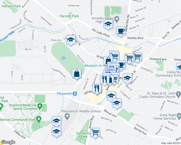 map of restaurants, bars, coffee shops, grocery stores, and more near 361 West Angela Street in Pleasanton