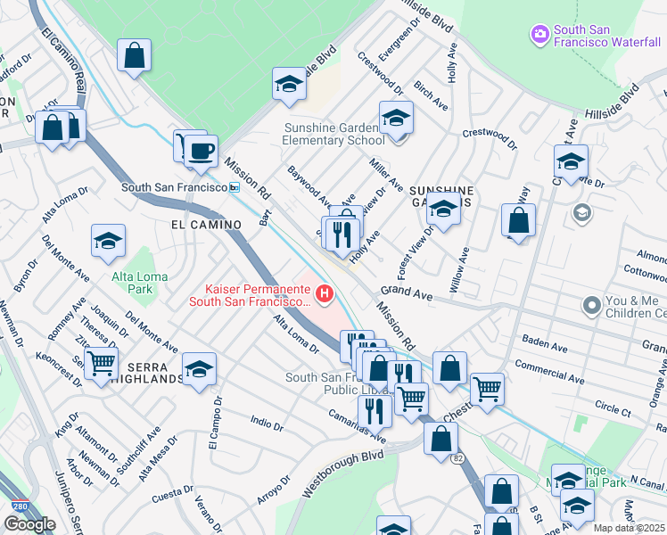 map of restaurants, bars, coffee shops, grocery stores, and more near 1135 Mission Road in South San Francisco
