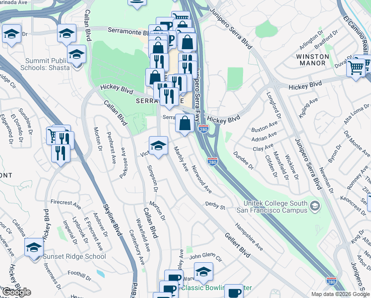 map of restaurants, bars, coffee shops, grocery stores, and more near 126 Marbly Avenue in Daly City