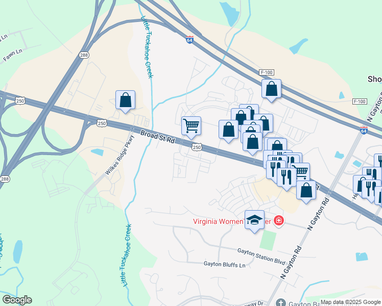 map of restaurants, bars, coffee shops, grocery stores, and more near 12401 West Broad Street in Richmond