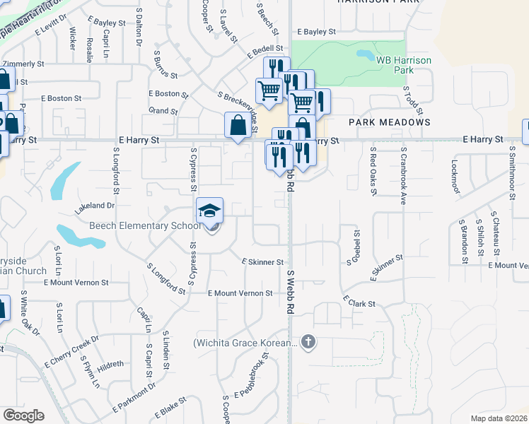 map of restaurants, bars, coffee shops, grocery stores, and more near 1825 South Stacey Street in Wichita