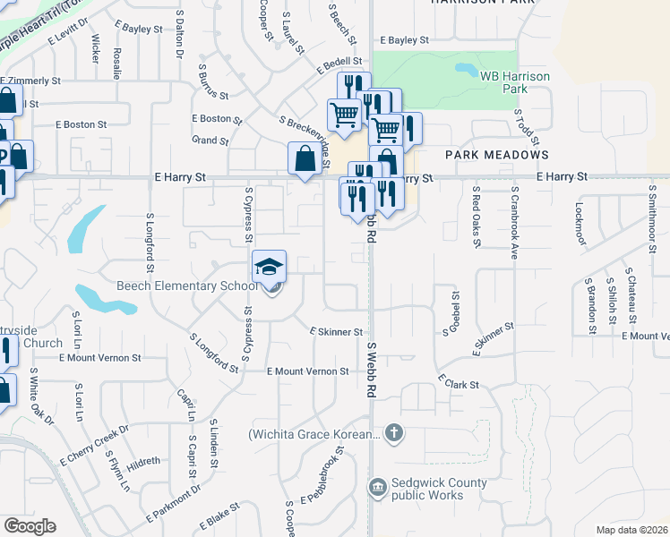 map of restaurants, bars, coffee shops, grocery stores, and more near 1817 South Beech Street in Wichita