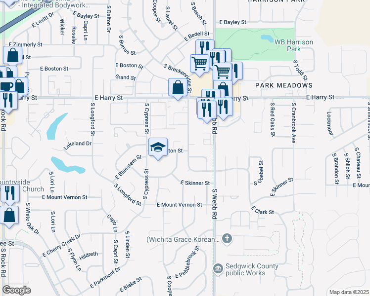 map of restaurants, bars, coffee shops, grocery stores, and more near 1817 South Beech Street in Wichita