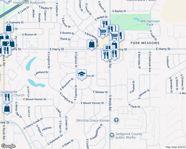 map of restaurants, bars, coffee shops, grocery stores, and more near 1817 South Beech Street in Wichita