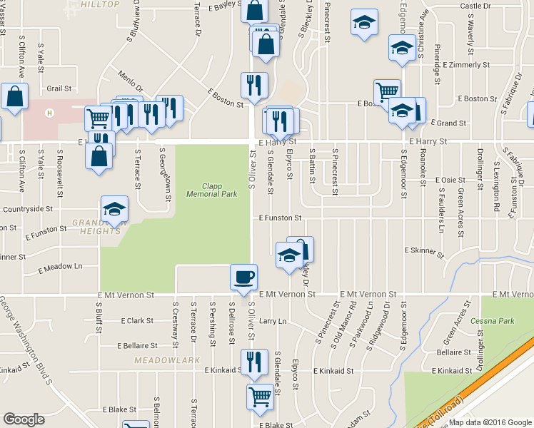 map of restaurants, bars, coffee shops, grocery stores, and more near 1819 South Glendale Street in Wichita