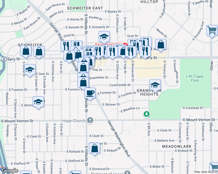 map of restaurants, bars, coffee shops, grocery stores, and more near 3401-3499 East Funston Street in Wichita