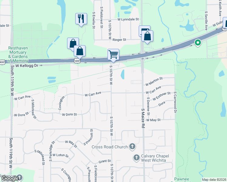 map of restaurants, bars, coffee shops, grocery stores, and more near 10838 W Dora Ct in Wichita