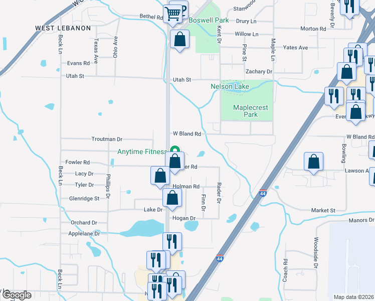 map of restaurants, bars, coffee shops, grocery stores, and more near 801 Fowler Road in Lebanon