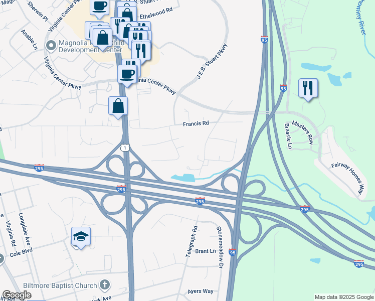 map of restaurants, bars, coffee shops, grocery stores, and more near 807 Kiefer Field Court in Glen Allen