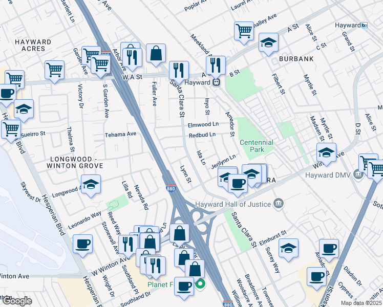 map of restaurants, bars, coffee shops, grocery stores, and more near 23192 Santa Clara Street in Hayward
