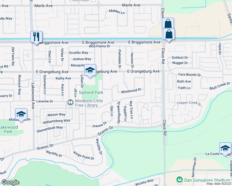 map of restaurants, bars, coffee shops, grocery stores, and more near 1301 Woodlark Way in Modesto