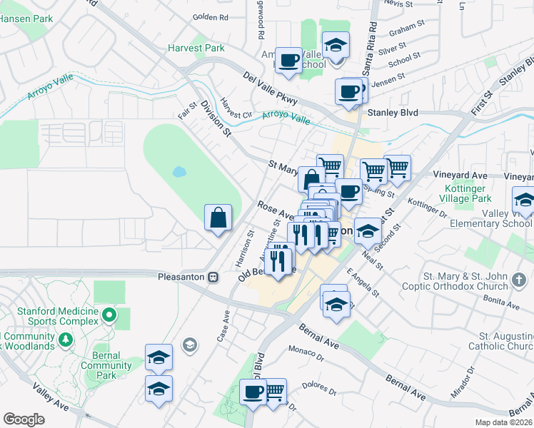 map of restaurants, bars, coffee shops, grocery stores, and more near 466 Rose Avenue in Pleasanton