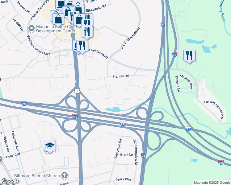 map of restaurants, bars, coffee shops, grocery stores, and more near 807 Kiefer Field Court in Glen Allen