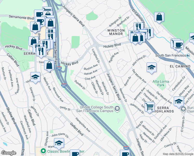 map of restaurants, bars, coffee shops, grocery stores, and more near 106 Clay Avenue in South San Francisco
