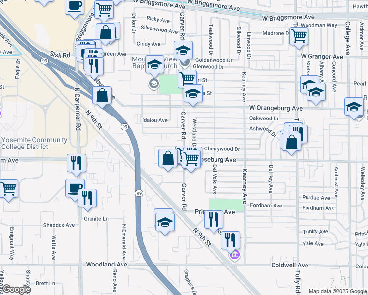 map of restaurants, bars, coffee shops, grocery stores, and more near 1638 Clayton Avenue in Modesto