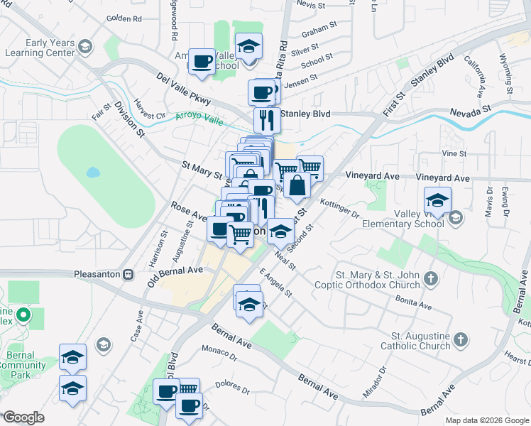 map of restaurants, bars, coffee shops, grocery stores, and more near 4319A Railroad Avenue in Pleasanton