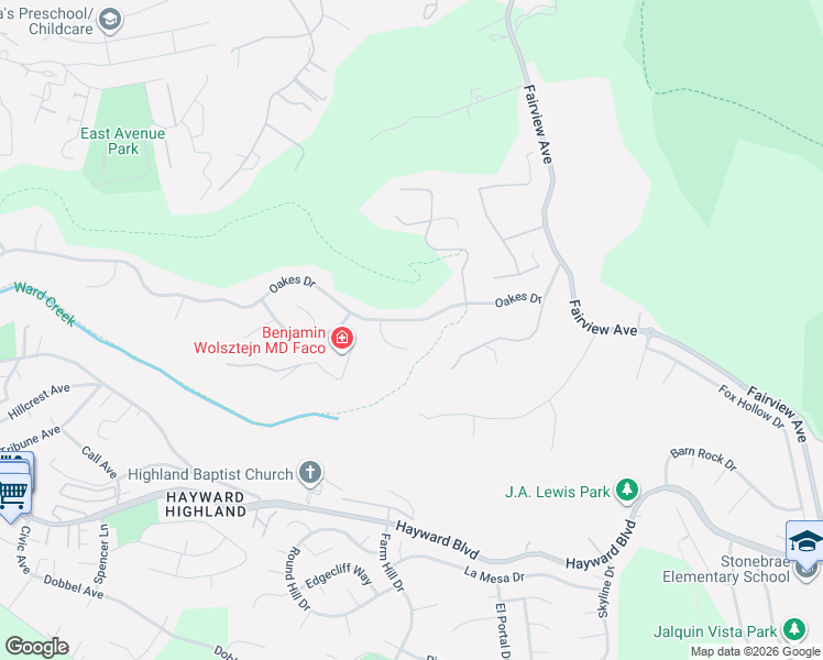 map of restaurants, bars, coffee shops, grocery stores, and more near 3844 Oakes Drive in Hayward