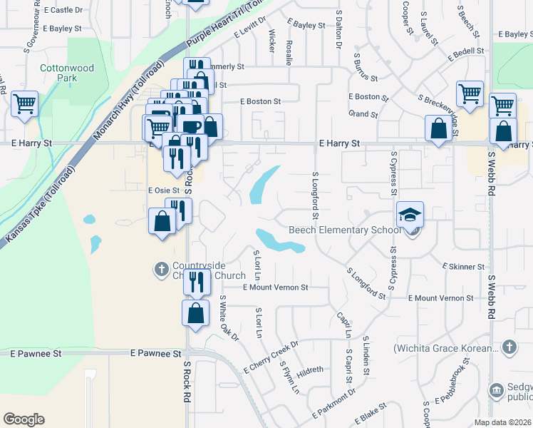 map of restaurants, bars, coffee shops, grocery stores, and more near 8472 Lakeland Court in Wichita