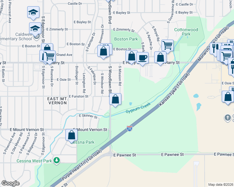 map of restaurants, bars, coffee shops, grocery stores, and more near 1714 South Woodlawn Boulevard in Wichita