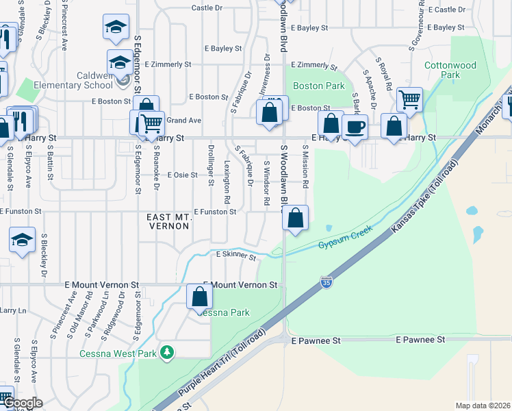 map of restaurants, bars, coffee shops, grocery stores, and more near 1727 South Fabrique Drive in Wichita