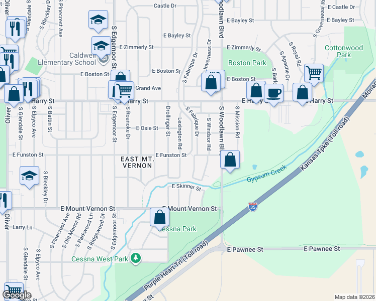 map of restaurants, bars, coffee shops, grocery stores, and more near 1727 South Fabrique Drive in Wichita