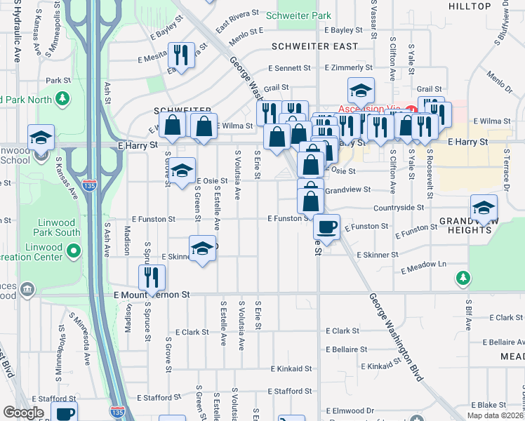 map of restaurants, bars, coffee shops, grocery stores, and more near 1705 South Chautauqua Avenue in Wichita